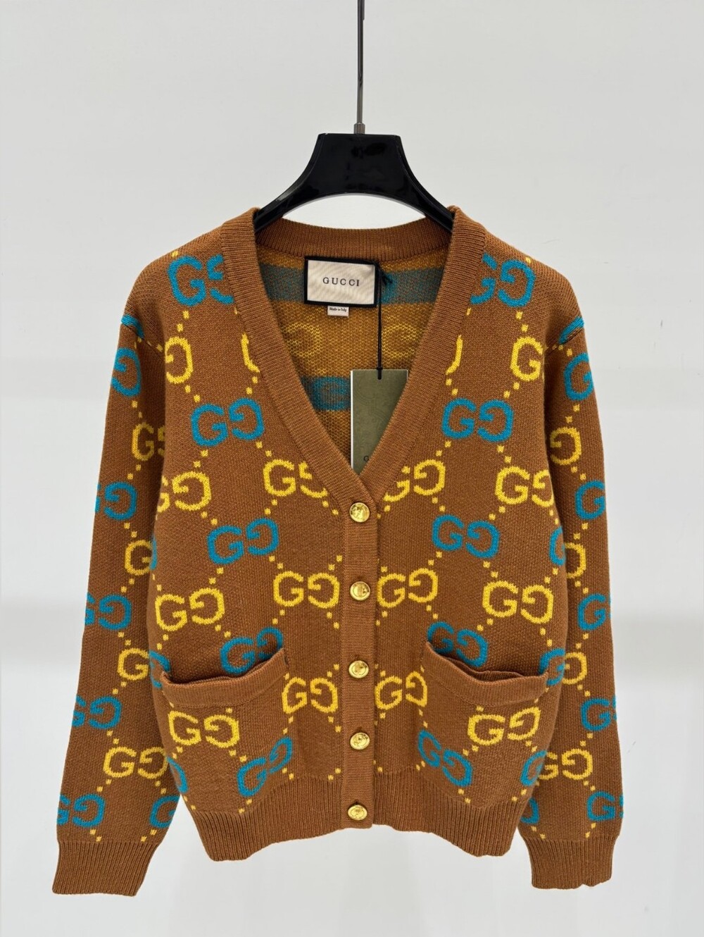 Gucci Brown Cardigan with Yellow and Blue GG Pattern